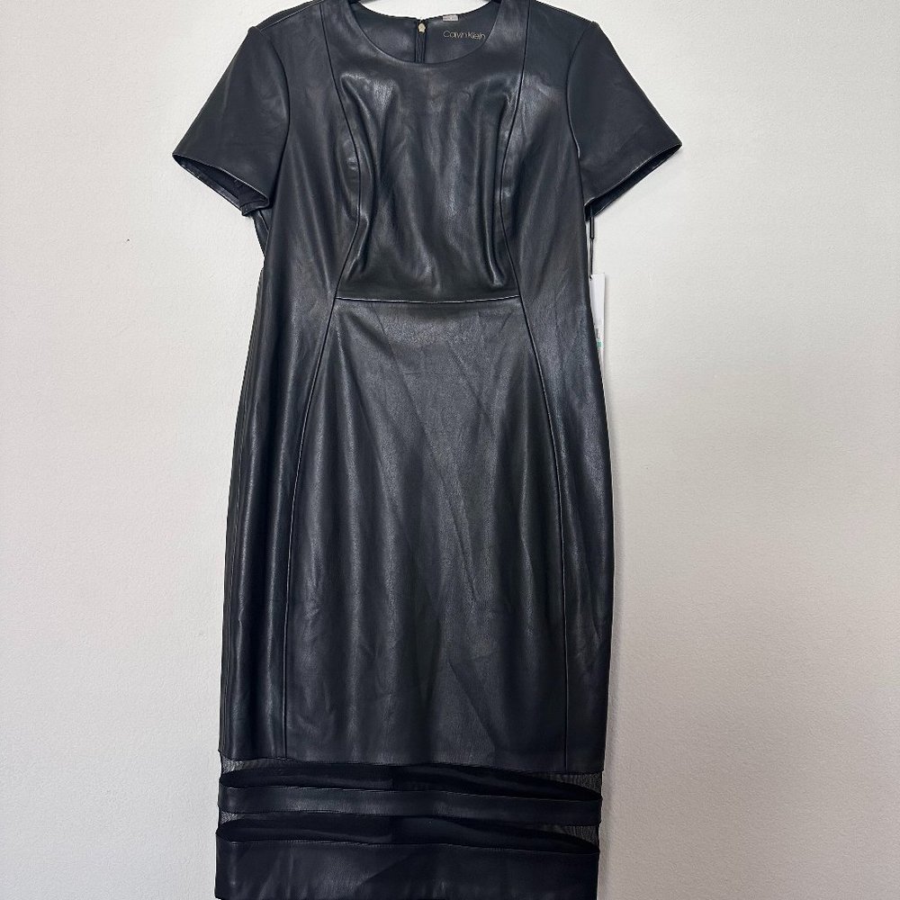 Calvin Klein Black Faux Leather Sheath Short sleeve Dress with double mesh hem d